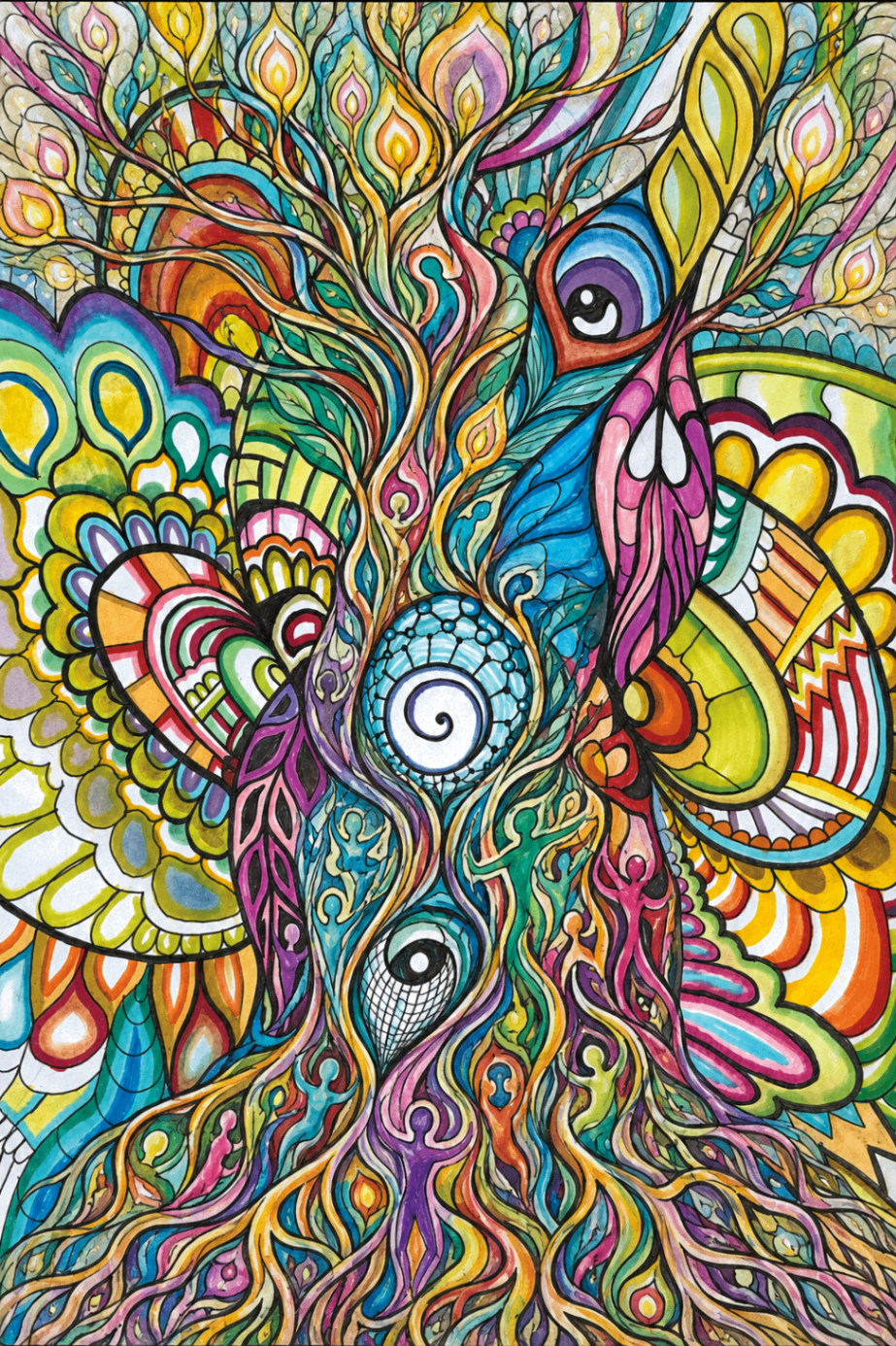 Cover art: psychedelic tree with peacock feathers and a watching eye.